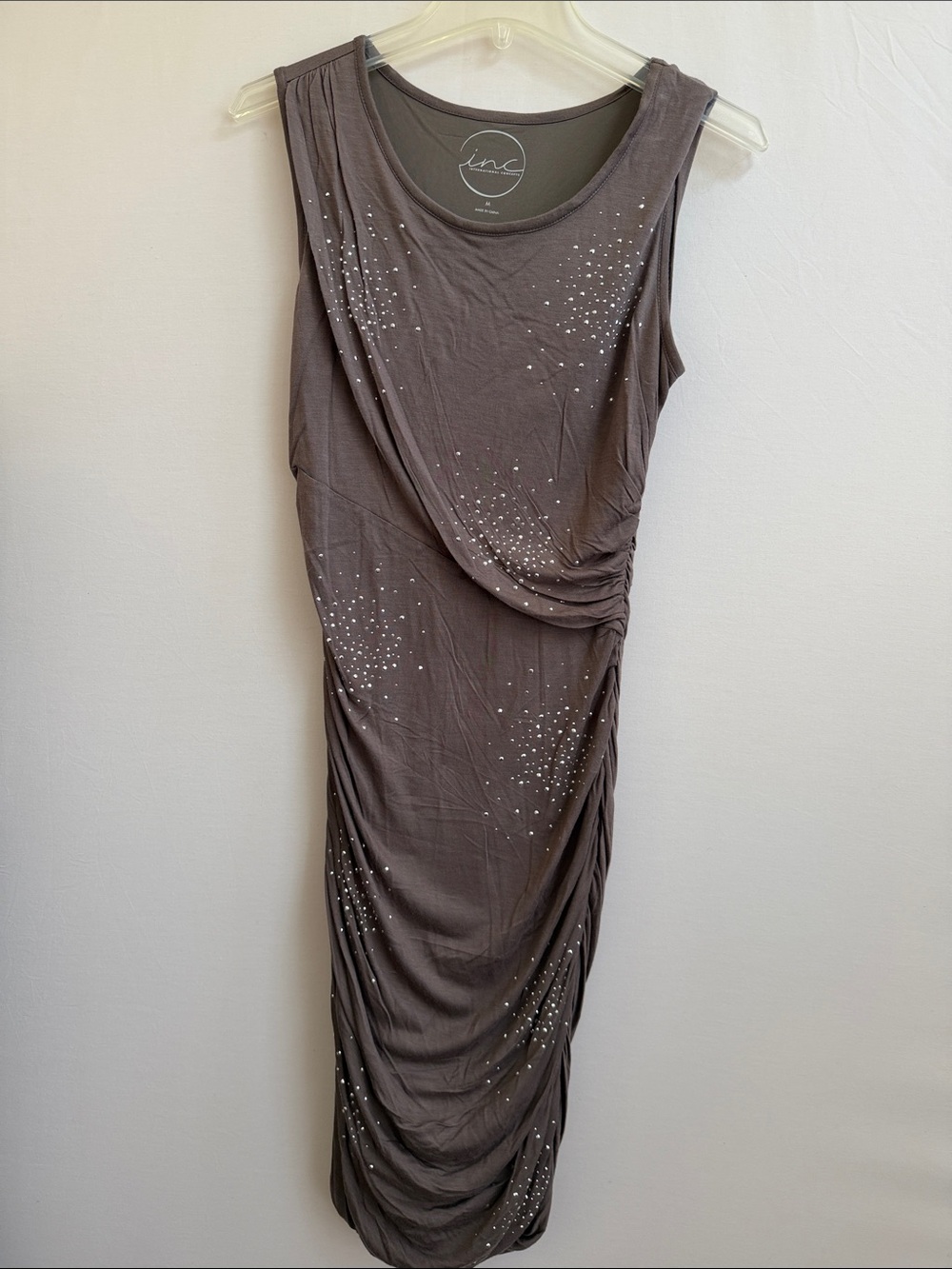 INC International Concepts Taupe Sleeveless Ruched Midi Dress with Sparkle